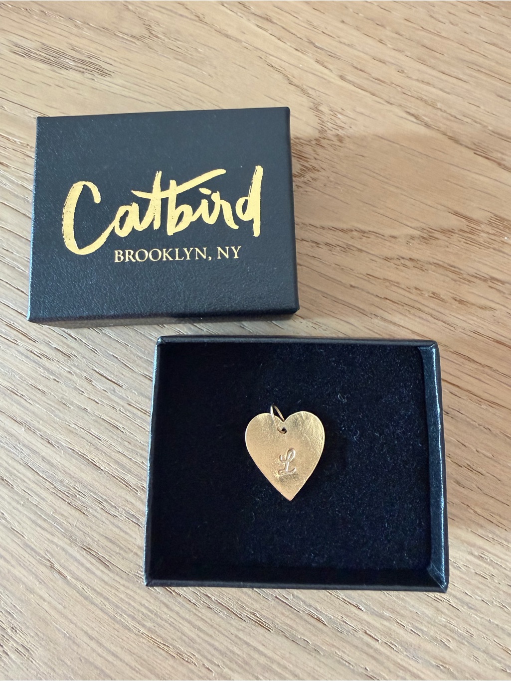 Catbird | Full Heart, Yellow Gold Charm Pendant W/ Initial ‘L’